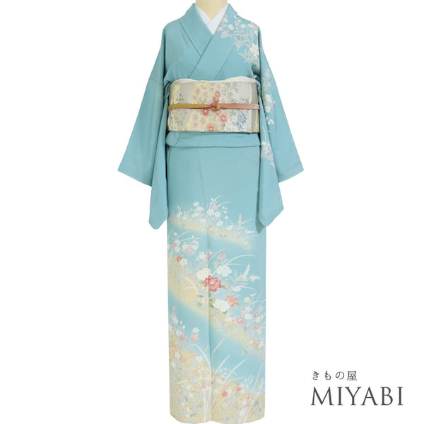 訪問着 リサイクル 身丈166cm 裄65cm 袷 花柄 箔 ブルー LLサイズ セミフォーマル お洒落 正絹 広衿 Sランク
