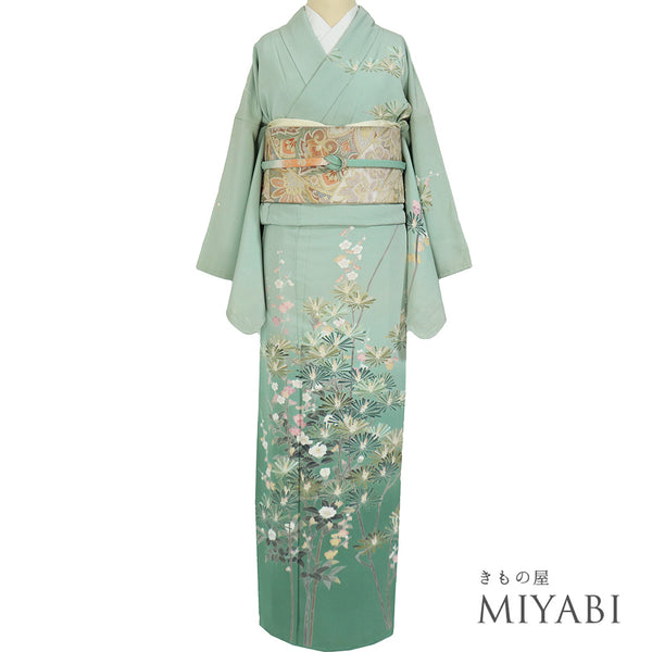 訪問着 リサイクル 身丈162.7cm 裄66.4cm 袷 若松模様 花柄 グリーン Lサイズ セミフォーマル 落款 一つ紋 しつけ糸 正絹 広衿 Aランク