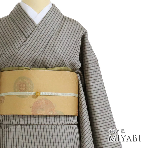 紬 リサイクル 身丈165cm 裄65cm 袷 お召 格子に小花柄 グレー Lサイズ お洒落 カジュアル 正絹 広衿 Sランク