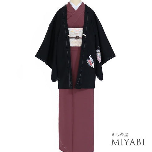 黒羽織 リサイクル 身丈78.3cm 裄64cm 袷 花籠柄 箔 ブラック Sサイズ フォーマル セミフォーマル 一つ紋 しつけ糸 正絹 Sランク