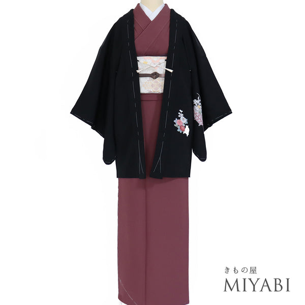 黒羽織 リサイクル 身丈78.3cm 裄64cm 袷 花籠柄 箔 ブラック Sサイズ フォーマル セミフォーマル 一つ紋 しつけ糸 正絹 Sランク