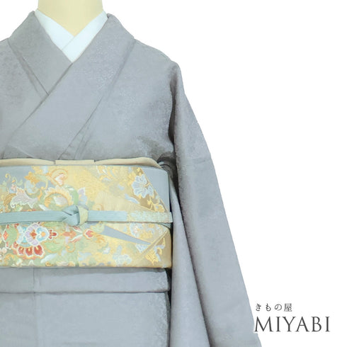 色無地 リサイクル 身丈165.8cm 裄66.8cm 袷 市松に草花柄 グレー LLサイズ セミフォーマル お洒落 一つ紋 正絹 広衿 地紋あり Sランク