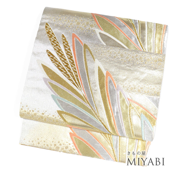 袋帯 リサイクル 帯丈440cm 六通 石畳にデザイン葉柄 ゴールド Mサイズ 正絹 Aランク フォーマル セミフォーマル