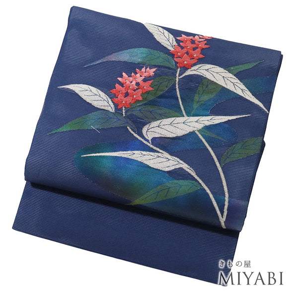 名古屋帯 リサイクル 帯丈355cm ポイント柄 夏用 花柄 絽 ブルー Sサイズ 不明 Sランク カジュアル