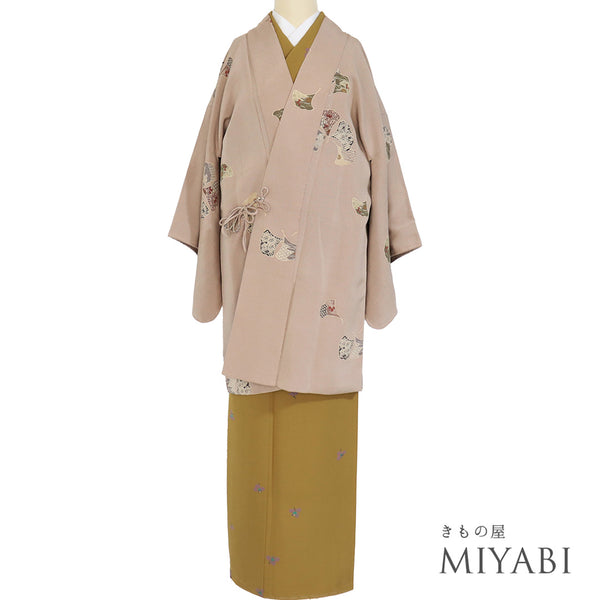 道中着 リサイクル 身丈89.7cm 裄64.6cm 袷 イチョウ柄 ブラウン Mサイズ お洒落 カジュアル 正絹 Sランク