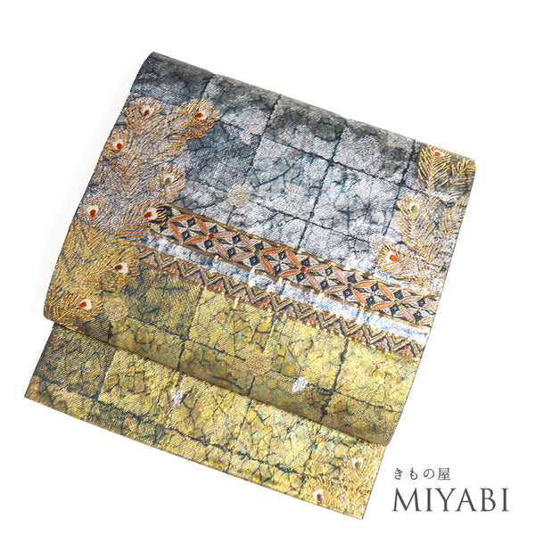 袋帯 帯丈452cm ポイント柄 刺し子 竹や笹柄 オレンジ Lサイズ 正絹 新品・未使用品 お洒落