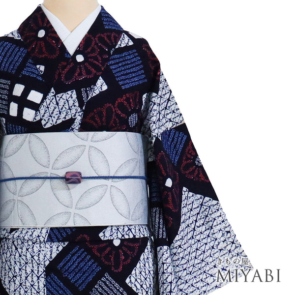 浴衣 リサイクル 夏着物 身丈154.5cm 裄63cm 夏物 菱形模様 絞り ネイビー Sサイズ カジュアル 木綿 洗える着物 バチ衿 Sランク