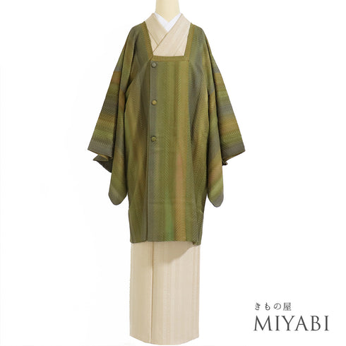 道行コート リサイクル 身丈76.8cm 裄69.6cm 袷 縦ぼかし柄 地紋 グリーン LLサイズ お洒落 正絹 Sランク