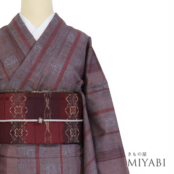 紬 リサイクル 身丈165.2cm 裄65.2cm 単衣 縞柄 パープル Lサイズ カジュアル お洒落 正絹 広衿 Aランク