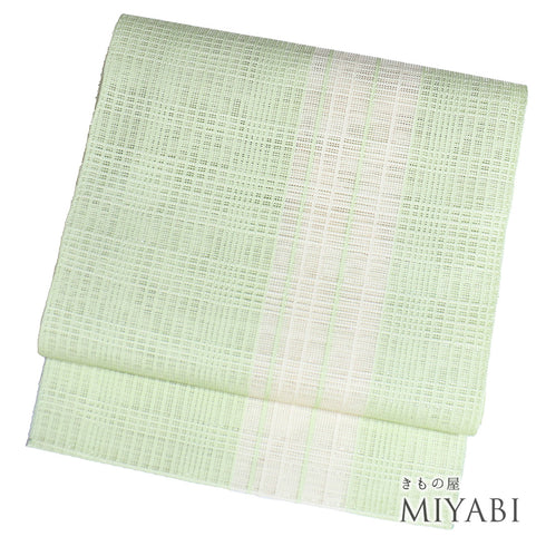 名古屋帯 リサイクル 帯丈364cm 全通 夏物 格子柄 グリーン Mサイズ 正絹 新品・未使用品 カジュアル