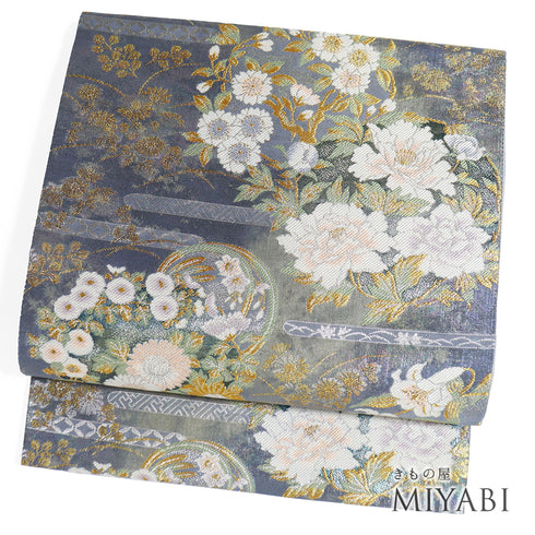 袋帯 リサイクル 帯丈432cm 六通 花の丸や萩柄 箔 グレー Sサイズ 正絹 Sランク フォーマル セミフォーマル