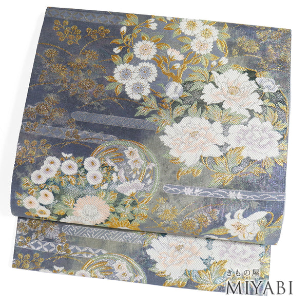 袋帯 リサイクル 帯丈432cm 六通 花の丸や萩柄 箔 グレー Sサイズ 正絹 Sランク フォーマル セミフォーマル