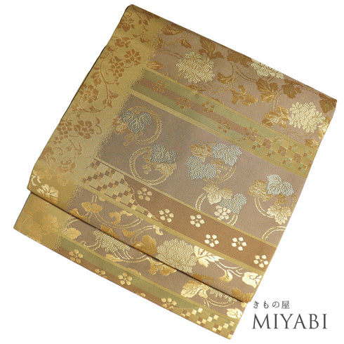 名古屋帯 リサイクル 帯丈368.5cm 六通 葡萄柄 花唐草柄 ゴールド Mサイズ 正絹 Sランク お洒落
