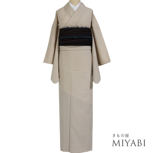 付下げ リサイクル 身丈169cm 裄66.8cm 単衣 縞柄 塩沢紬 ベージュ サイズ お洒落 しつけ糸 正絹 広衿 Sランク