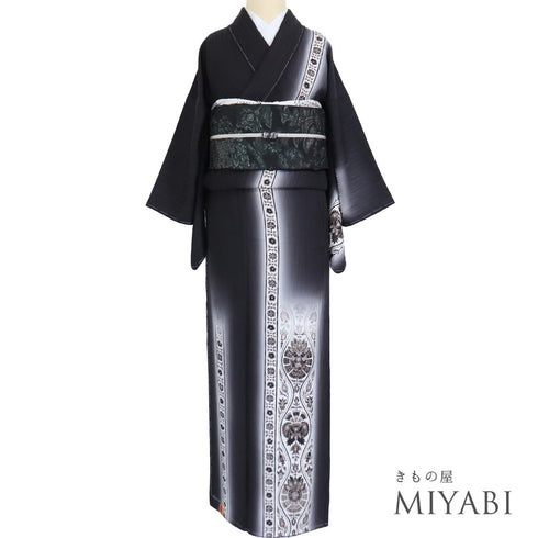 訪問着 リサイクル 身丈158.5cm 裄62.2cm 袷 立涌に唐花模様 地紋 長居賢珠 ブラック Mサイズ お洒落 正絹 広衿 新品・未使用品