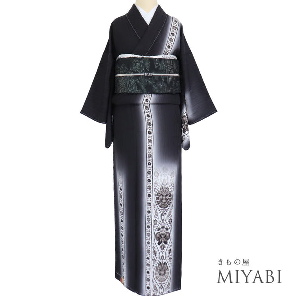 訪問着 リサイクル 身丈158.5cm 裄62.2cm 袷 立涌に唐花模様 地紋 長居賢珠 ブラック Mサイズ お洒落 正絹 広衿 新品・未使用品