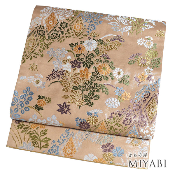 袋帯 リサイクル 帯丈444cm 六通 唐文に花柄の刺繍 正倉唐文 ブラウン Mサイズ 正絹 Sランク フォーマル セミフォーマル