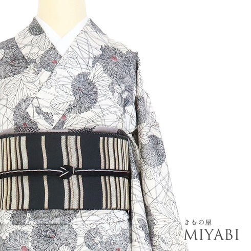 小紋 リサイクル 身丈155.8cm 裄63.2cm 単衣 菊柄 アイボリー Mサイズ お洒落 カジュアル 正絹 バチ衿 Aランク