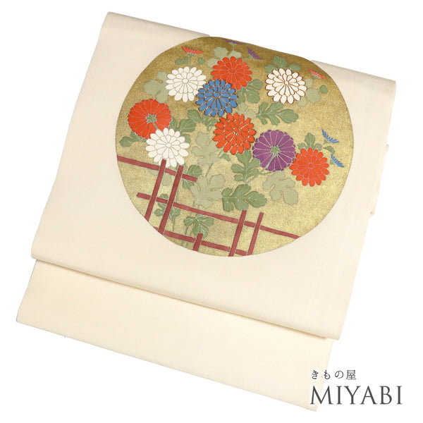 名古屋帯 リサイクル 帯丈361cm ポイント柄 丸に菊柄 塩瀬 ベージュ Mサイズ 正絹 Aランク お洒落