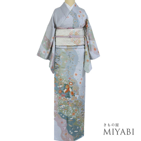 訪問着 リサイクル 身丈157.5cm 裄64.8cm 袷 道長取り 花柄 箔加工 ブルー Mサイズ セミフォーマル 正絹 広衿 Sランク