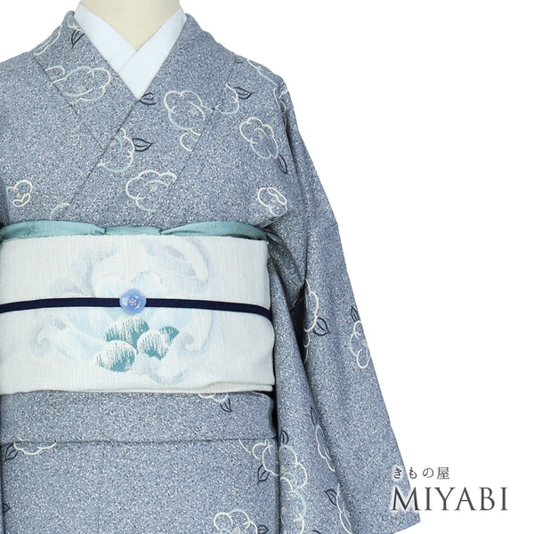 小紋 リサイクル 身丈155cm 裄65.1cm 袷 椿柄 グレー Sサイズ お洒落 カジュアル しつけ糸 正絹 広衿 Sランク