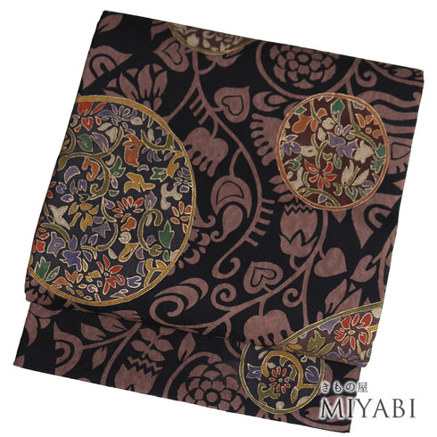 リサイクル 帯丈472cm ポイント柄 丸にデザイン花柄 ブラック LLサイズ 正絹 新品・未使用品 お洒落