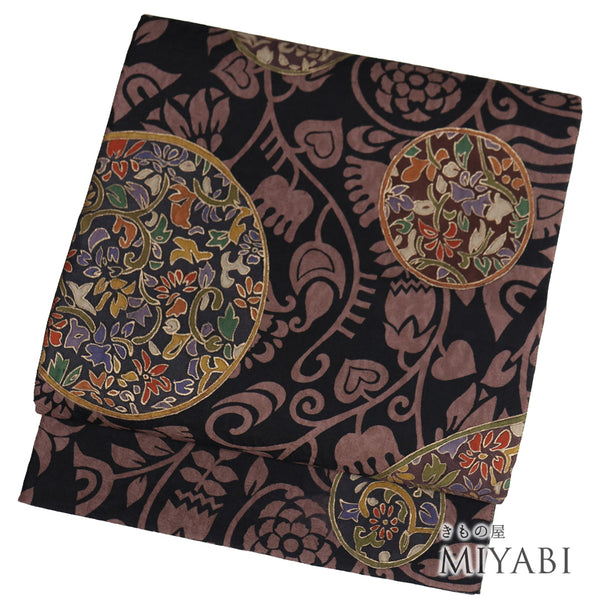 リサイクル 帯丈472cm ポイント柄 丸にデザイン花柄 ブラック LLサイズ 正絹 新品・未使用品 お洒落