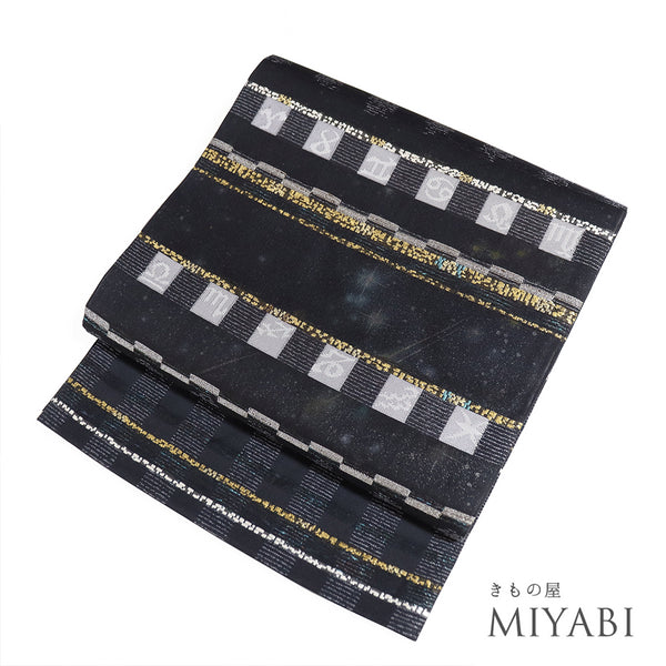 袋帯 リサイクル 帯丈440cm 六通 星座柄 花柄 リバーシブル ブラック Mサイズ 正絹 新品・未使用品 お洒落