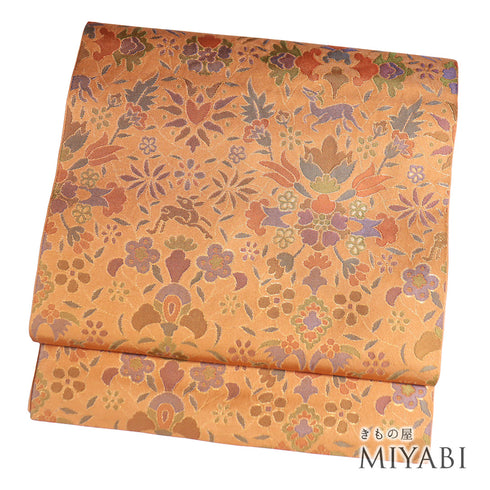 袋帯 リサイクル 帯丈446cm 全通 動植物柄 オレンジ Mサイズ ポリエステル Sランク お洒落