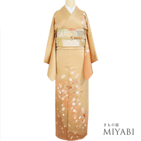 訪問着 リサイクル 身丈159.5cm 裄67cm 袷 文箱や枝垂れ花柄 地紋 金駒刺繍 ゆったりサイズ オレンジ Mサイズ セミフォーマル 正絹 広衿 Sランク