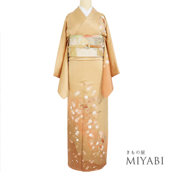 訪問着 リサイクル 身丈159.5cm 裄67cm 袷 文箱や枝垂れ花柄 地紋 金駒刺繍 ゆったりサイズ オレンジ Mサイズ セミフォーマル 正絹 広衿 Sランク