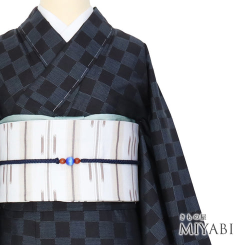 紬 リサイクル 身丈161.5cm 裄65.4cm 袷 市松柄 ネイビー Lサイズ お洒落 カジュアル しつけ糸 正絹 広衿 Aランク
