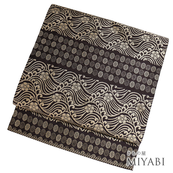 袋帯 リサイクル 帯丈448cm 全通 菊に波柄 パープル Mサイズ 正絹 新品・未使用品 お洒落