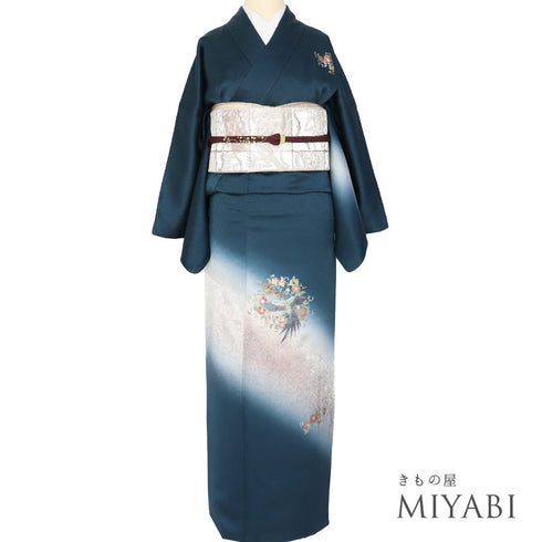 付下げ リサイクル 身丈170.8cm 裄68.4cm 袷 鳳凰に花唐草柄 地紋 箔 金彩 螺鈿風 ネイビー LLサイズ お洒落 正絹 広衿 Sランク