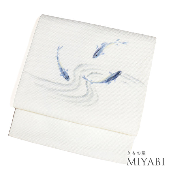 名古屋帯 リサイクル 帯丈367.5cm ポイント柄 夏用 魚柄 ホワイト Mサイズ 正絹 Aランク カジュアル