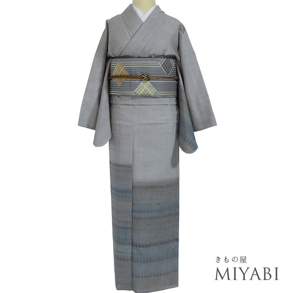 付下げ リサイクル 身丈164.5cm 裄66.2cm 単衣 紬 段ぼかし柄 グレー Lサイズ お洒落 しつけ糸 正絹 広衿 Sランク