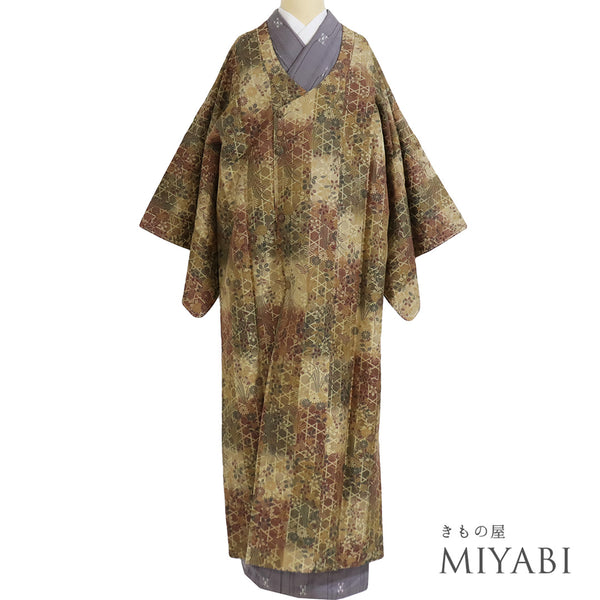 コート リサイクル 身丈133.2cm 裄66cm 袷 ロングコート 千代太衿 パールトーン加工 籠目に花草柄 ブラウン Mサイズ お洒落 正絹 Sランク