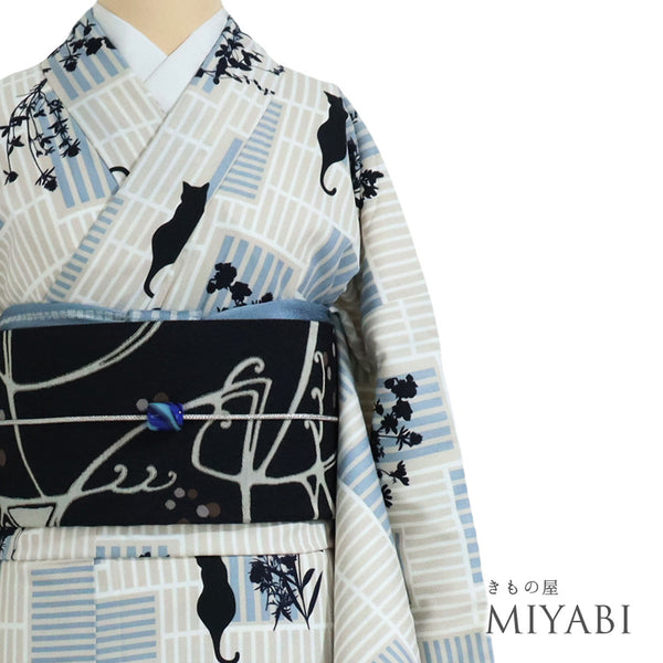 小紋 リサイクル 身丈167.8cm 裄68.2cm 袷 既製品 猫と草花柄 ベージュ LLサイズ お洒落 カジュアル ポリエステル 洗える着物 広衿 Sランク