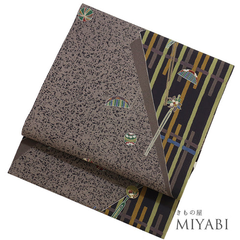 名古屋帯 リサイクル 帯丈420cm 全通 櫛柄 鞠柄 簪柄 ブラウン LLサイズ 正絹 Sランク お洒落