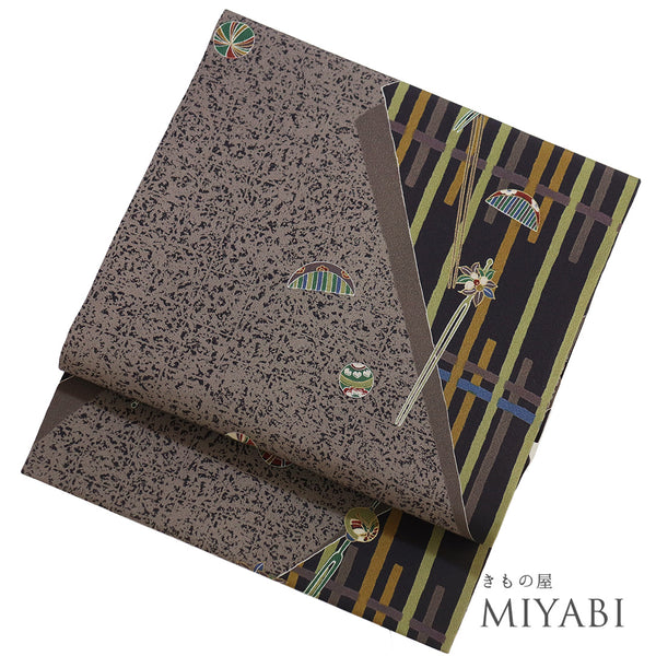 名古屋帯 リサイクル 帯丈420cm 全通 櫛柄 鞠柄 簪柄 ブラウン LLサイズ 正絹 Sランク お洒落