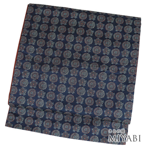 名古屋帯 リサイクル 帯丈352cm 全通 本場筑前 幾何学柄 ネイビー Sサイズ 正絹 Sランク お洒落