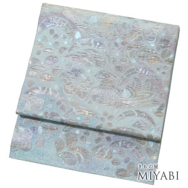 袋帯 リサイクル 帯丈444cm ポイント柄 鴛鴦に花柄 変わり織り 芯なし ブルー Mサイズ 不明 Sランク フォーマル セミフォーマル