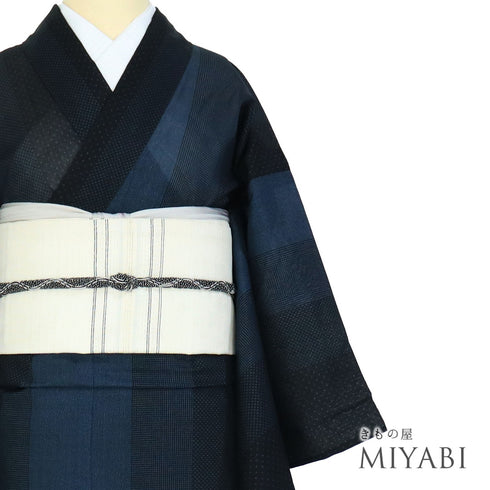 紬 リサイクル 夏着物 身丈155.5cm 裄65.2cm 夏物 夏物 絣寄せ柄に縞模様 ネイビー Mサイズ カジュアル お洒落 混合 洗える着物 広衿 Sランク