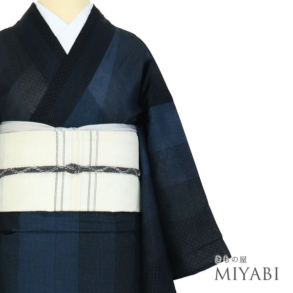 紬 リサイクル 夏着物 身丈155.5cm 裄65.2cm 夏物 夏物 絣寄せ柄に縞模様 ネイビー Mサイズ カジュアル お洒落 混合 洗える着物 広衿 Sランク