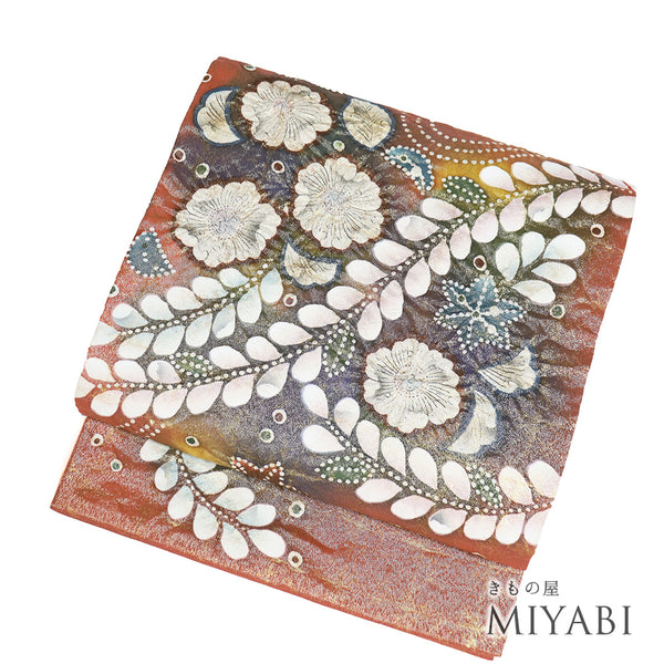 袋帯 リサイクル 帯丈432cm ポイント柄 辻が花柄 オレンジ Sサイズ 正絹 新品・未使用品 お洒落