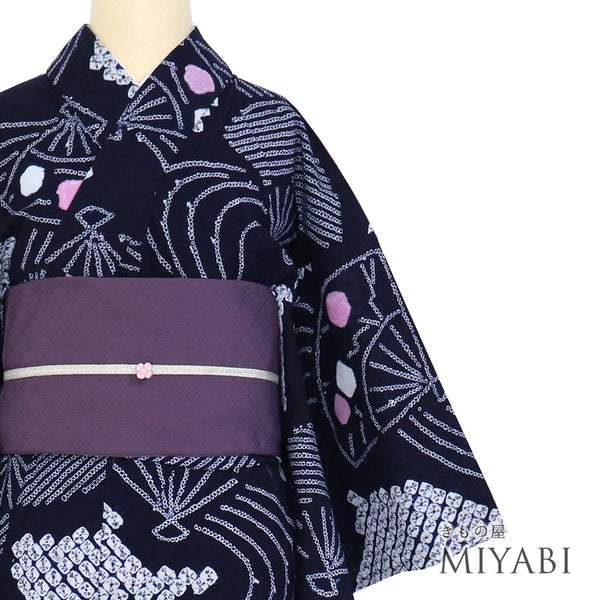 浴衣 リサイクル 夏着物 身丈149cm 裄62.5cm 夏物 絞り 扇子柄 ネイビー SSサイズ カジュアル 木綿 洗える着物 バチ衿 Sランク