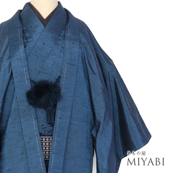 アンサンブル 男物 リサイクル 身丈133.5cm 裄68cm 羽織丈85cm 袷 紬 ブルー SSサイズ お洒落 カジュアル しつけ糸 正絹 棒衿 Aランク