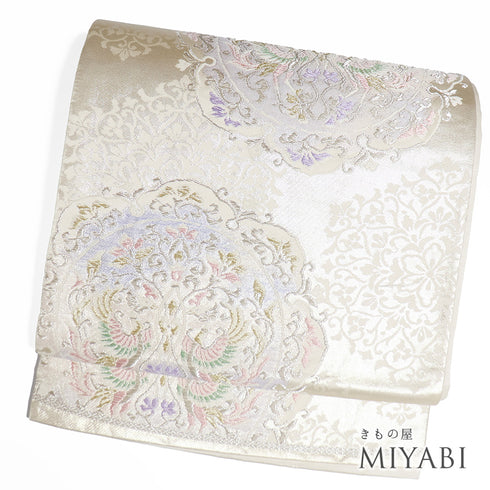 袋帯 リサイクル 帯丈418cm 六通 鳳凰に華紋柄 ベージュ SSサイズ 正絹 新品・未使用品 フォーマル セミフォーマル