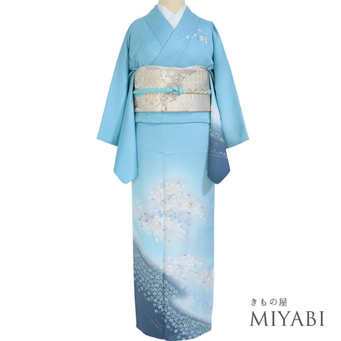 訪問着 リサイクル 身丈151cm 裄62.8cm 袷 小花柄 ブルー Sサイズ お洒落 正絹 広衿 Sランク