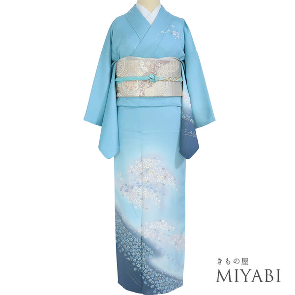 訪問着 リサイクル 身丈151cm 裄62.8cm 袷 小花柄 ブルー Sサイズ お洒落 正絹 広衿 Sランク